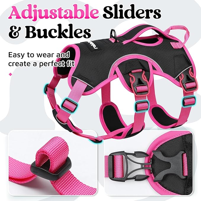 rabbitgoo Escape Proof Dog Harness Large Dogs, Soft Padded Full Body Pet Harness, Reflective Adjustable No Pull Vest with Lift Handle and Leash Clip for Walking Hiking Training, Pink & Black, L