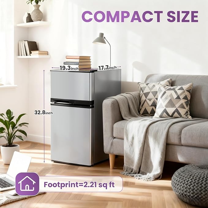 Tehanld 3.6 Cu.Ft Mini Fridge with Freezer for Dorm Office, Silver | Double Door Compact Refrigerator with Low Noise Technology, Removable Shelves for Bedroom and Apartment Storage
