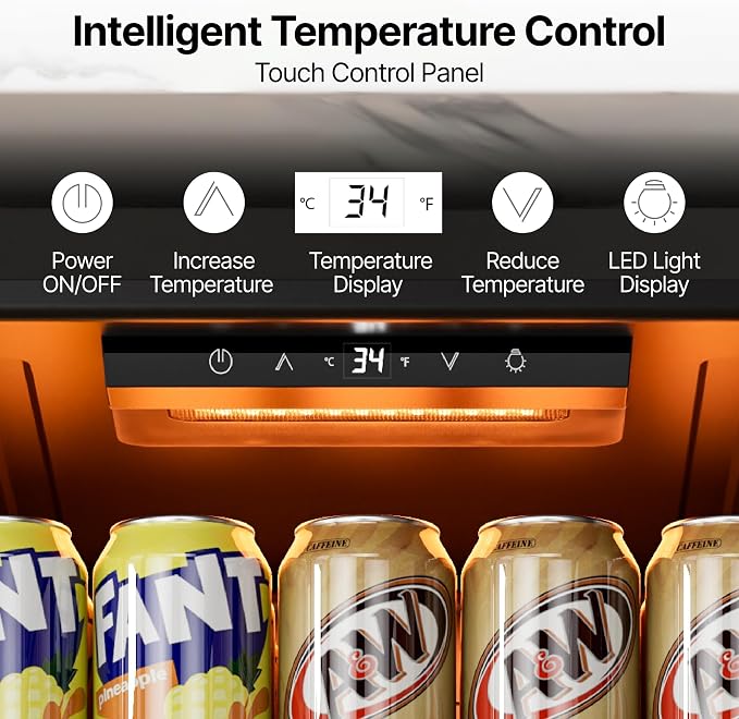 Ca'Lefort 85 Cans Mini Fridge, Beverage Refrigerator Cooler for Drink, Beer | 2.18 Cu.ft, Low-noise, Reversible Glass Door, 3-Color LED Lighting, Adjustable Shelves, 34℉ to 54℉