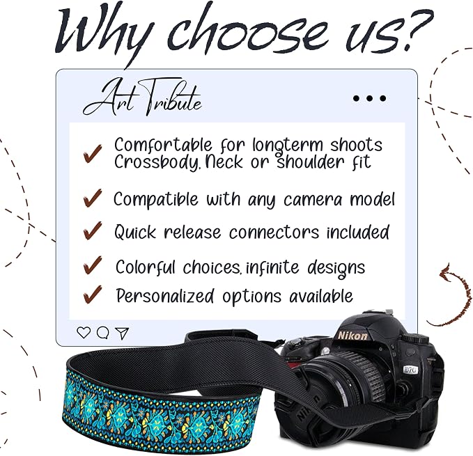 Art Tribute Camera Strap For Photographers Padded Universal Fit Neck Shoulder &