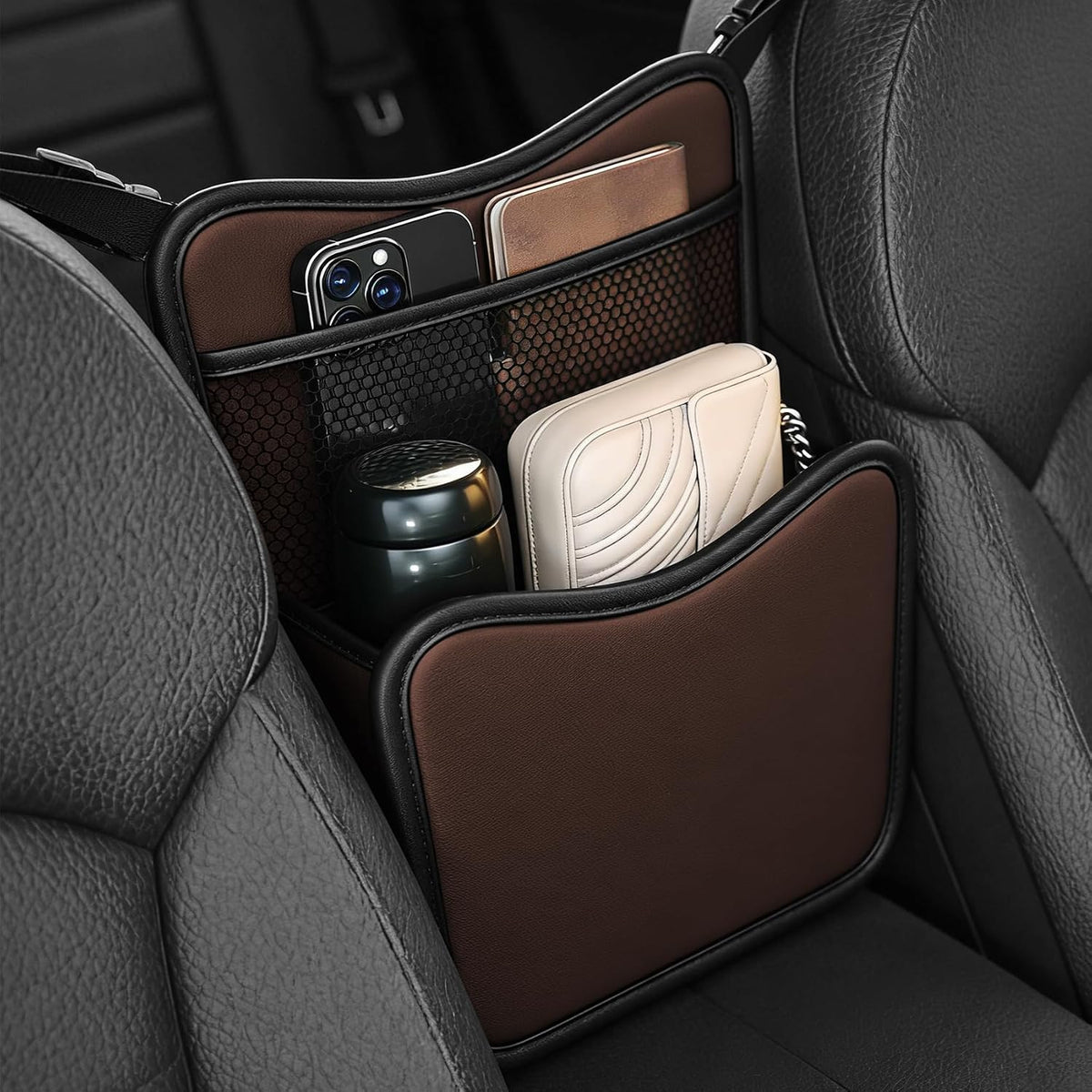 Car Organizer Storage Between Seats, Car Purse Holder, Nappa Leather Front Seat Storage Bag with Tissue Holder, Large Capacity Auto Console Organizer for Document Phone Wallet Snack (Green)