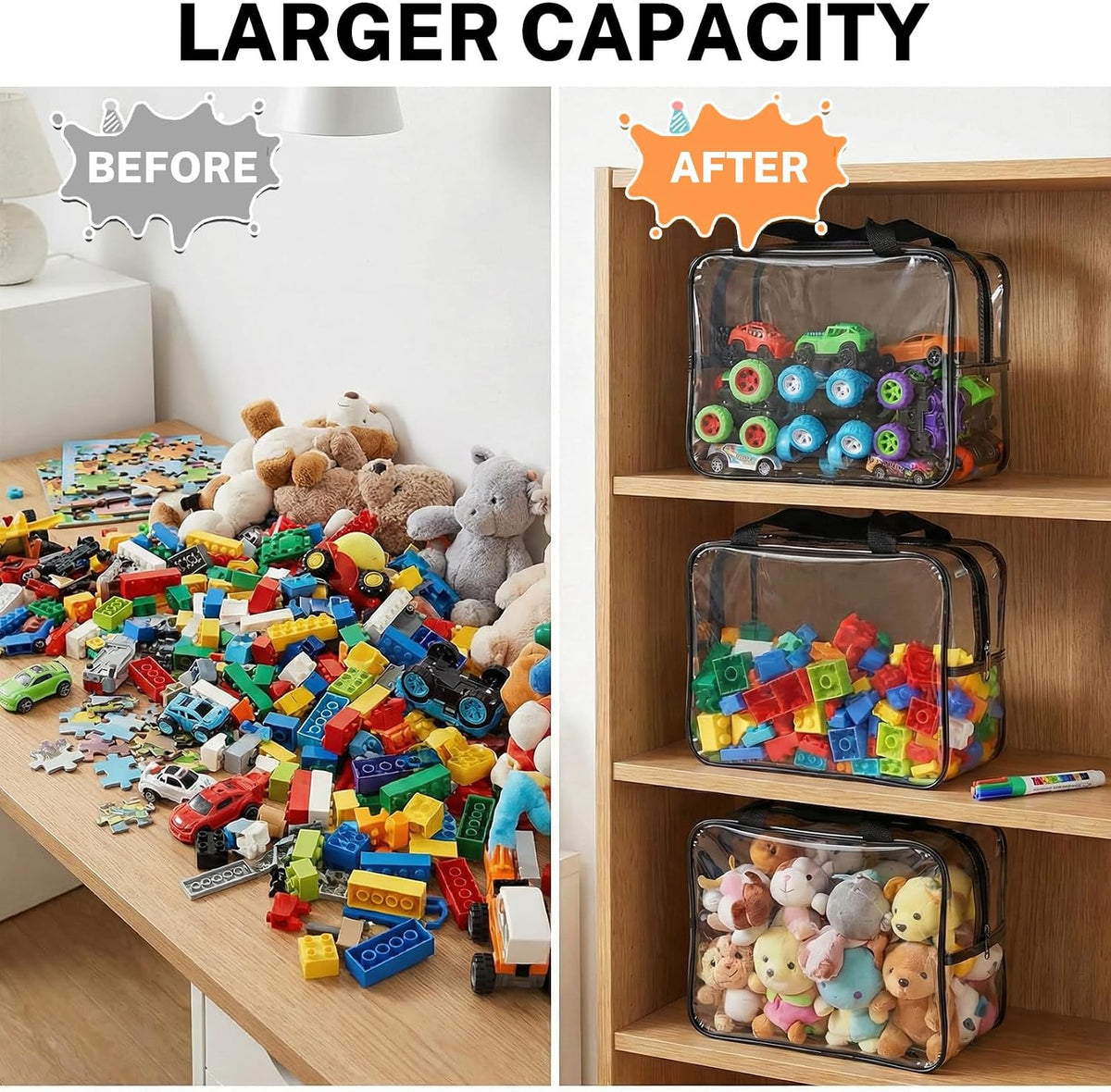 6 Packs Large Toy Storage Bags, Reusable Clear PVC Storage Bags with Zipper, Travel Waterproof Organizer Bags for Puzzles, Building Blocks,Board Game, Kids Books, Stationery (Black)