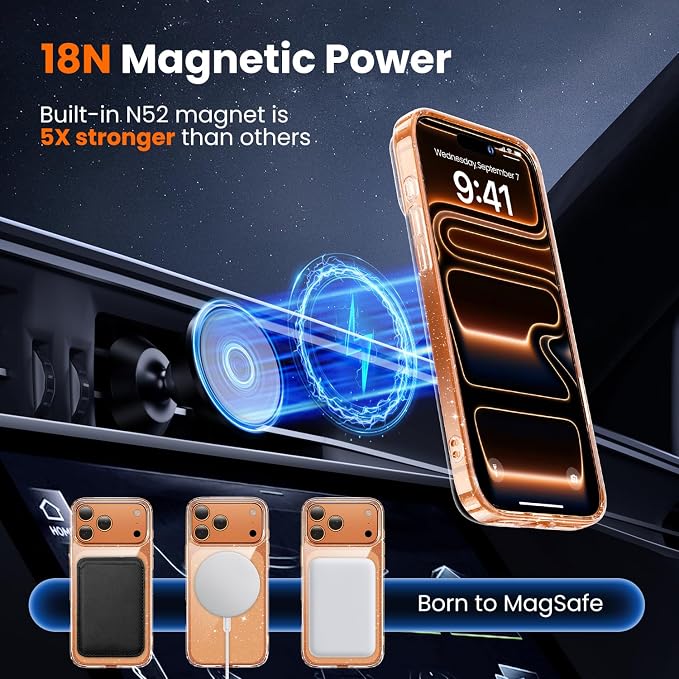 toushion 3 in 1 for iPhone 17 Pro Max Case Clear Glitter, Fits MagSafe