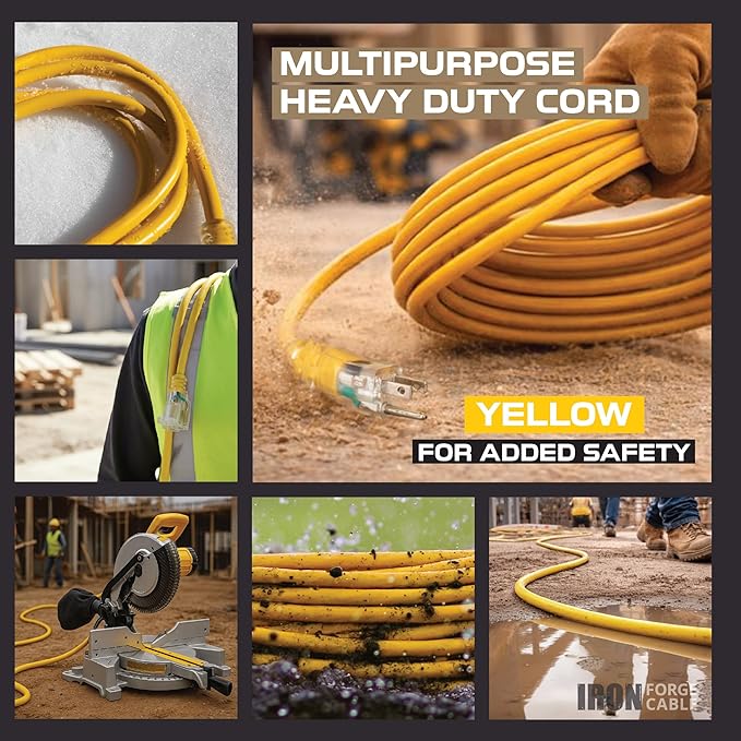 Iron Forge Cable 50 Foot Lighted Outdoor Extension Cord - 12/3 SJTW Heavy Duty Yellow Extension Cable with 3 Prong 15 AMP Grounded Plug for Safety