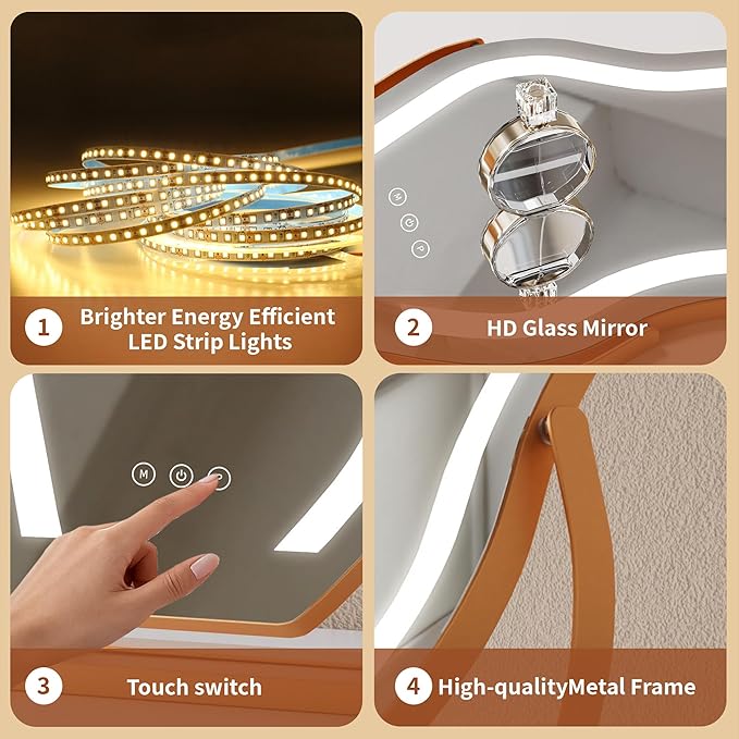 Makeup Mirror with Lights -17″ Cloud Shaped Smart Touch 3-Color Dimmable 360° Rotation Memory Metal Frame Plug-in AC Power Tabletop Vanity Mirror Gift for Women Teen Girls Champagne Gold
