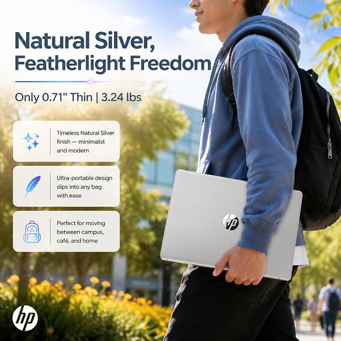 HP 14 Laptop for Students and Home Use, Intel Processor N150, 16GB RAM | 128GB UFS+256GB MSD, 14" HD Display, Wi-Fi 6, 1-Year Microsoft 365, Copilot AI Key, Lightweight, Natural Silver, W/Mouse