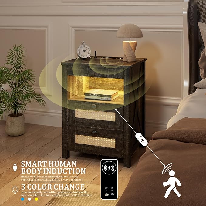 Night Stand with Gun Drawer, Bedside Table with Charging Station & LED Light, Gun Nightstand for Bedroom Living Room, Farmhouse End Table, Rustic