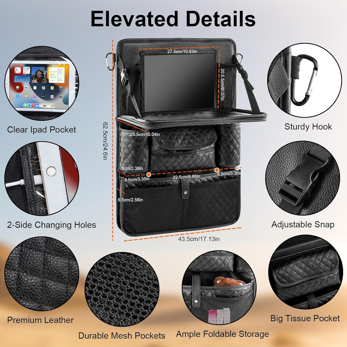 Car Seat Organizer with Foldable Table Tray - 11 Storage Pockets PU Leather Backseat Organizer with Tablet Holder, Seat Back Protector Kick Mat for Kids Family Road Trip Accessories (Black)