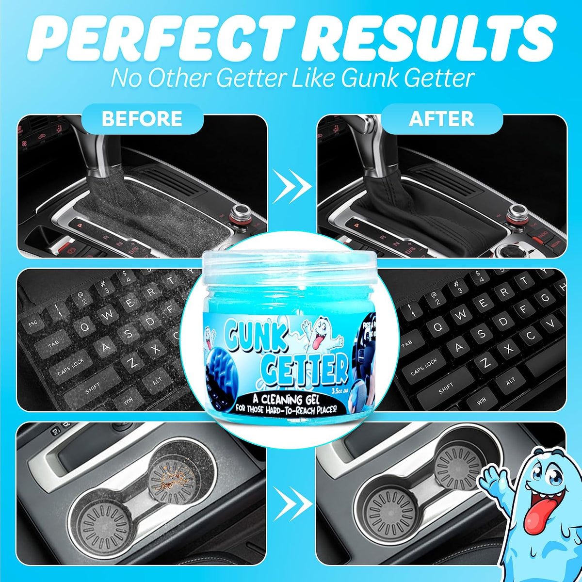 Gunk Getter 12 Pack Cleaning Gel for Those Hard to Reach Places, Automotive Cup Holder Electronic Keyboard Office, Slime Gel Cleaner Dust Crumb Removal (Jar, Blue, 3.5oz)