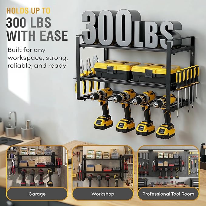 Power Tool Organizer Wall Mount - Garage Wall Tool Organizer with Drill Holder, Tool Storage Organizer, Heavy Duty Metal Shelf, Wall Mount Organizer for Garage & Workshop