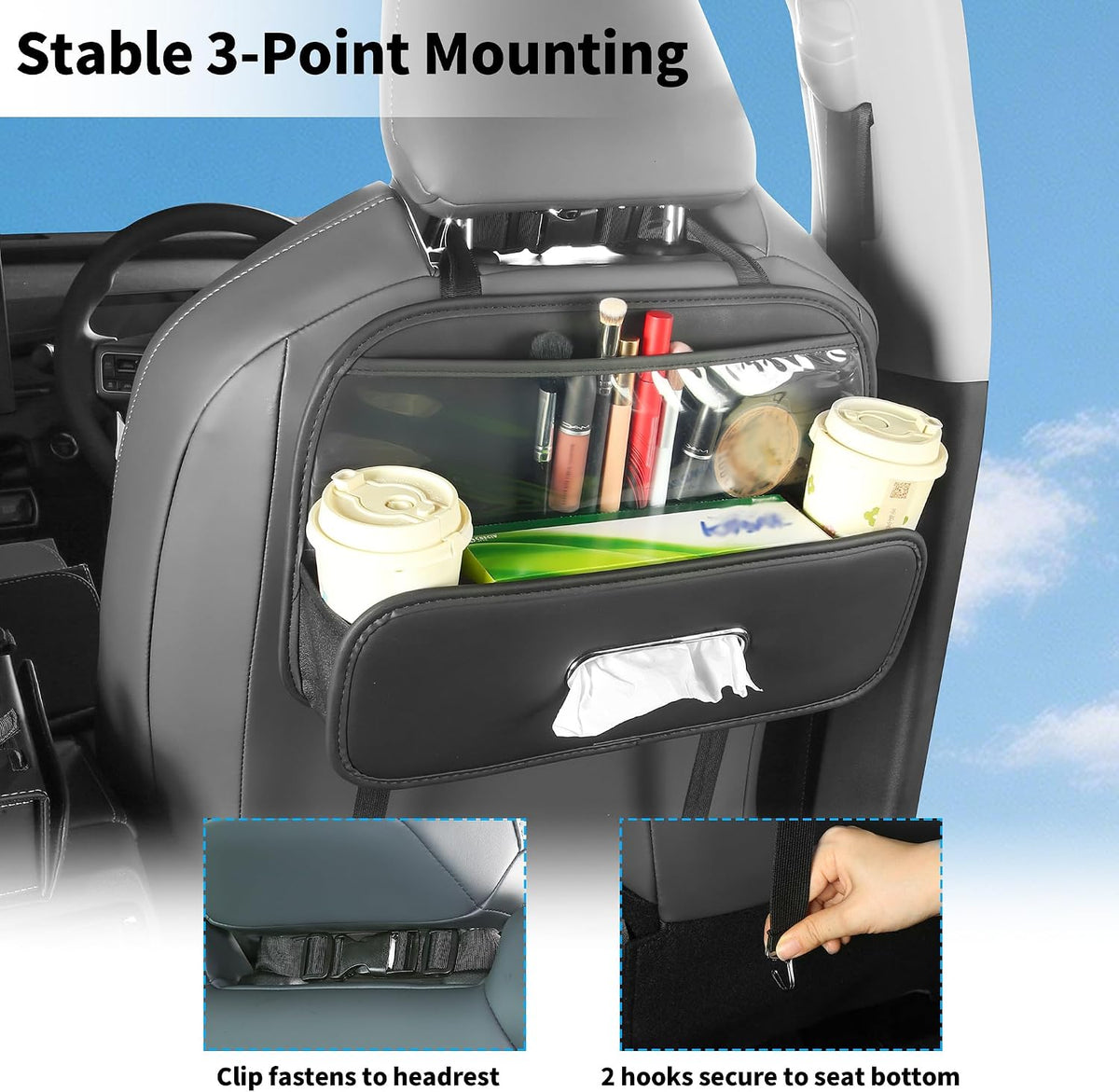 Back Seat Car Organizer with Tissue Holder and 2 Pack Cup Holders