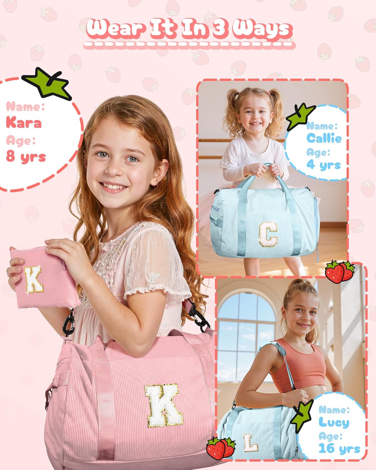 Skiennix Personalized Dance Gym Bag - Kids Duffle with Shoe Compartment & Toiletry Bag | Gift for Girls Ages 3-8 (Letter Y)