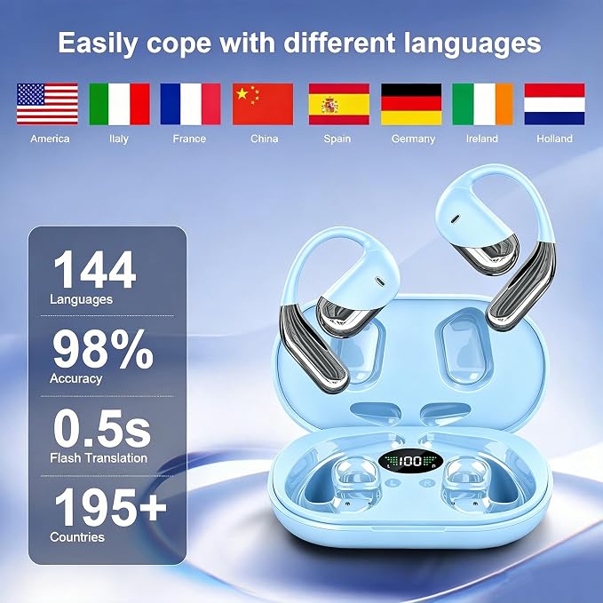 AI Open Ear Earbuds Translation Headphones, Real-Time 2-Way Language Translator