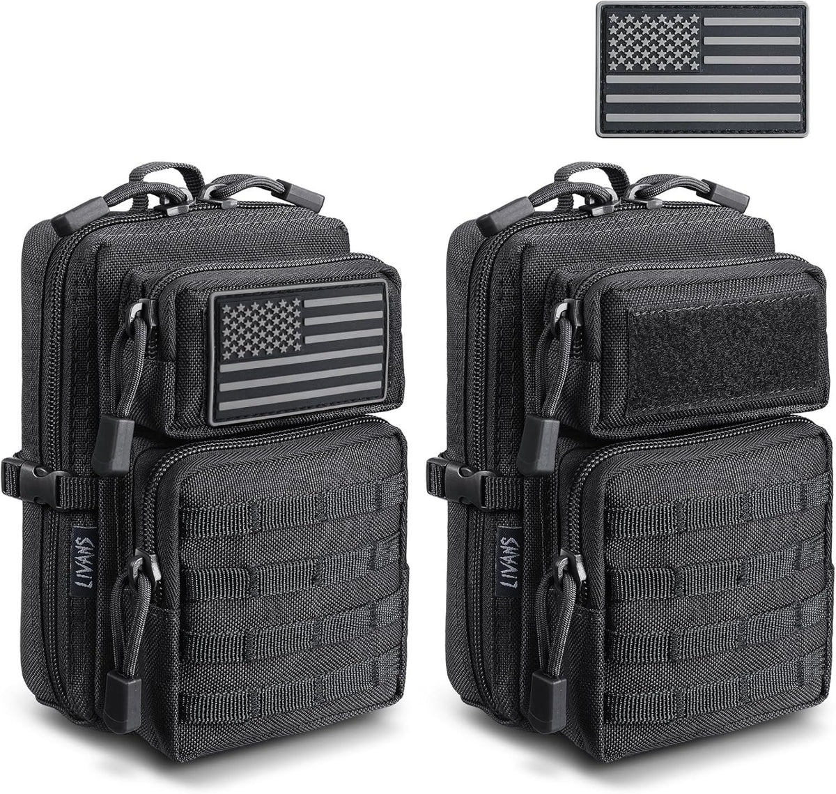 Skiennix Tactical EDC Pouch - 2 Pack Utility Phone Holder for Duty Belt, Backpack, Vest | Includes 2 US Flag Patches