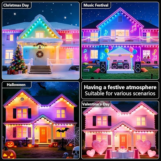 YFL 100ft Permanent Outdoor Lights, Smart RGB LED Eaves Lights with App & Remote Control, IP65 Waterproof, Music Sync & DIY Scenes, 60 LED Dreamcolor String Lights for Christmas, House & Patio Decor