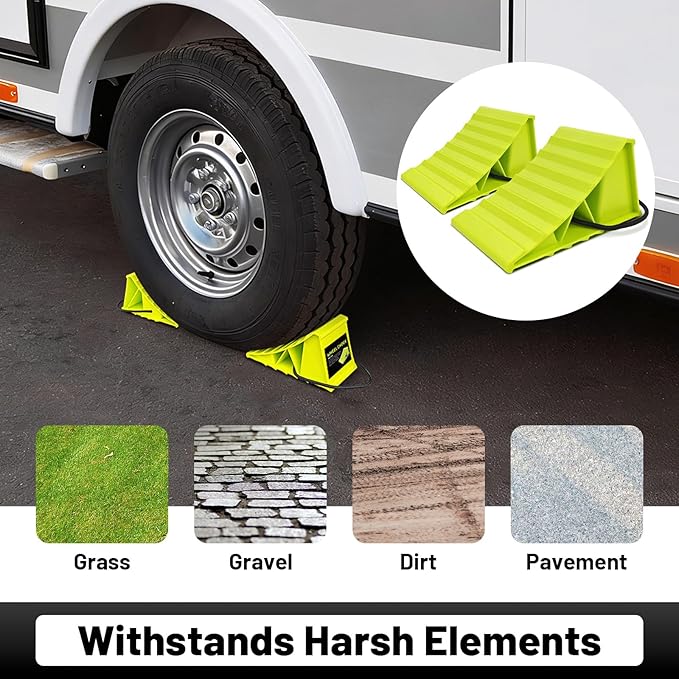 HOXWELL 2 Pair Wheel Chocks for Travel Trailers, Non Slip Heavy Duty Green Wheel Chock with Rope, Lightweight Wheel Stoppers for Cars Campers Trucks RVs, Easy to Carry & Suitable for Most Tyre Sizes