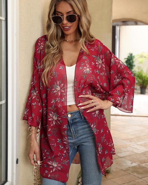 Argstar Women's Kimono Cardigan - Lightweight Chiffon Floral Cover-Up for Summer Beachwear | 3/4 Sleeve