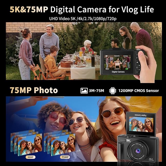 Ourlife Cameras for Photography, 5K 75MP Autofocus Vlogging Camera for YouTube