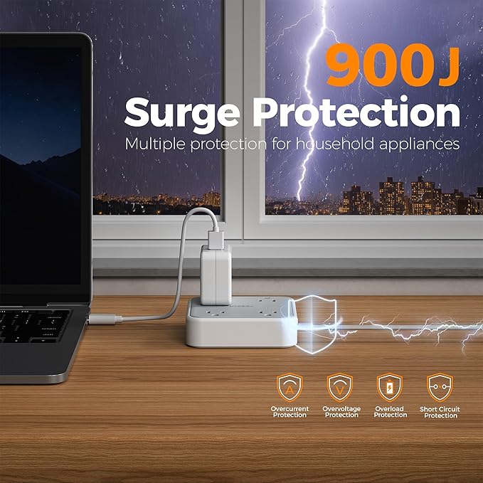 TESSAN Surge Protector Flat Extension Cord 15Ft, Flat Plug Power Strip with 4 Outlets 3 USB Ports (1 USB C), 900 Joules Protection, Multiple Wall Outlet Extender Suitable for Home Office Dorm, Grey