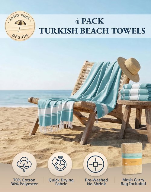 LANE LINEN Oversized Beach Towel - Quick Dry & Sand Free 4 Pack, Extra Large 39"x71", Aqua