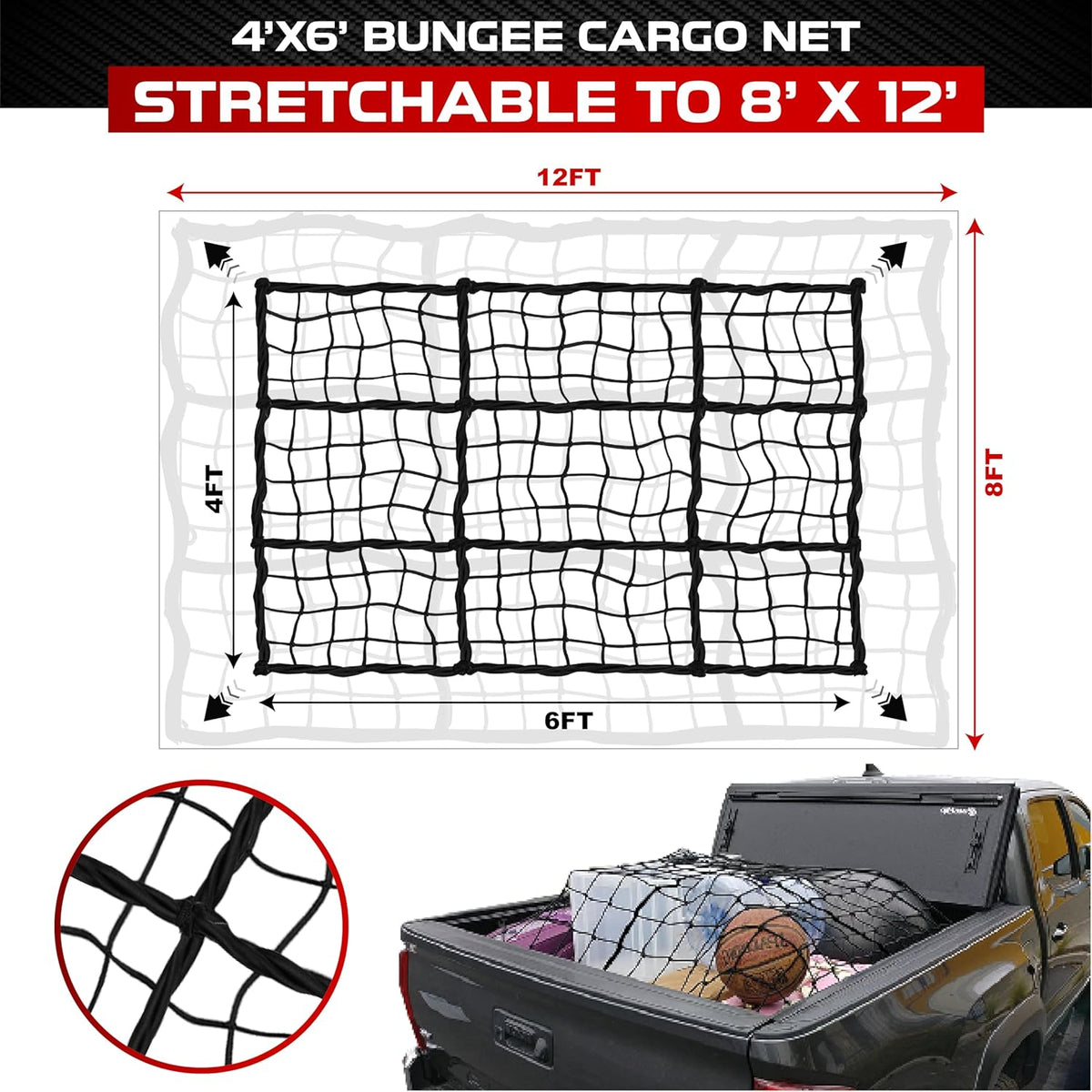 4'x6' Cargo Net for Pickup Truck Bed Stretch to 8'x12' Heavy-Duty 10mm Bed Net
