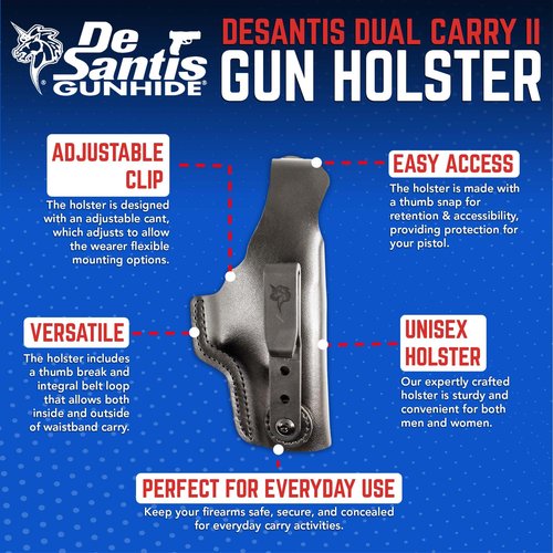 DeSantis Dual Carry II IWB/OWB Holster- Leather Holster, Fits GLOCK 19/19 GEN 5/19X/23/32/36/45/48, Beretta Cougar 9/40, S&W 99/990 L 4"", SIG P225/P228/P229/P225-A1/P220 Carry- Right Hand Draw, Black