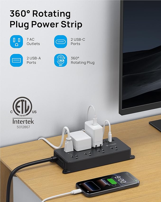 TROND Power Strip Surge Protector with 360° Rotating Plug, 7 Widely-Spaced Outlets, 2 USB-A & 2 USB-C, ETL Listed, Flat Plug 5ft Extension Cord, Wall Mountable, 1700J, for Home Office, Black