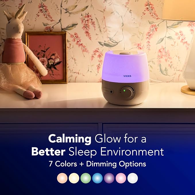 Vicks NaturalCare Cool Mist Ultrasonic Humidifier, Small Room Humidifier for Bedroom, Diffuser with Nighttime Light, Works with Vicks VapoPads, White