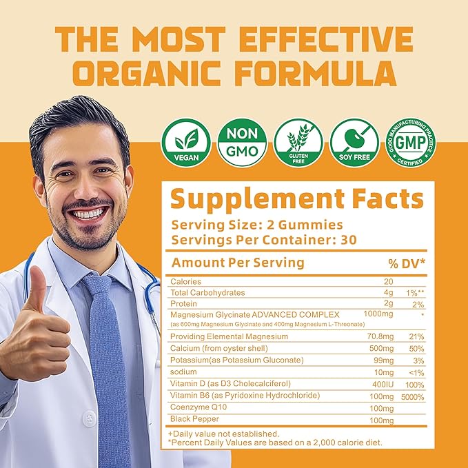 Magnesium Glycinate Gummies 1000mg - Sugar Free Magnesium Potassium Supplement with Vitamin D, B6, CoQ10 for Calm Mood & Sleep Support - 120 Orange Gummies.
