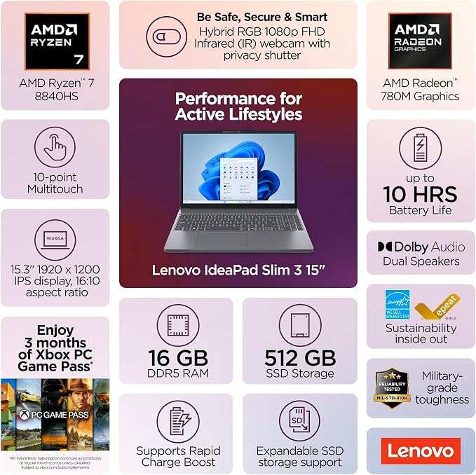 Lenovo IdeaPad Slim 3 Laptop 15.3" WUXGA (1920 x 1200) Touchscreen, Ryzen 7 8840HS, 8-core, AMD Radeon 780M, 16GB DDR4, 512GB SSD, Wi-Fi6, Bluetooth 5.3, Win 11, Luna Grey, w/USB hub, W/GaLiMu