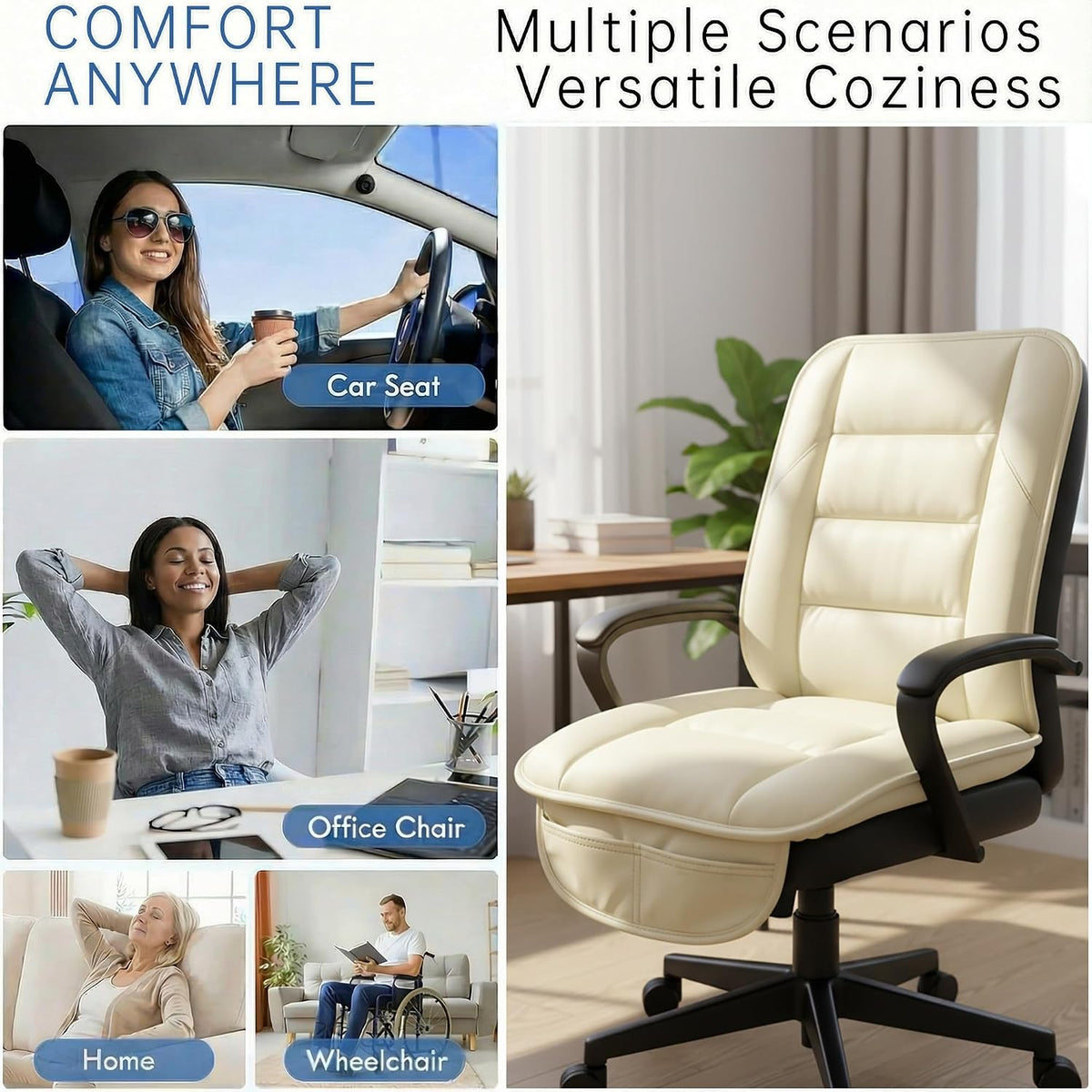 CORRIDOR Genuine Leather Seat Cushion for Car - Handmade - Relieve Hip, Pressure and Sciatica Pain - Ideal for Lower Back Pain - for Office Chair and Car Seat (Off White, Seat + Backrest)