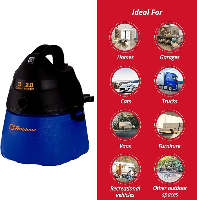 Koblenz WD-353L Portable Wet-Dry Vacuum Cleaner, 3 Gallon Tank, 2.0 HP Vacuum Cleaner with Several Accessories, 5 Year Warranty, Blue/Black