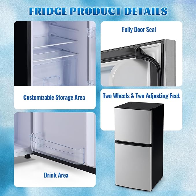 Mini Fridge with Freezer Large Capacity 110L Small Refrigerator with 7 Adjustable Temperature 2 Door Small Fridge for Office, Dorm, Bedroom Silver