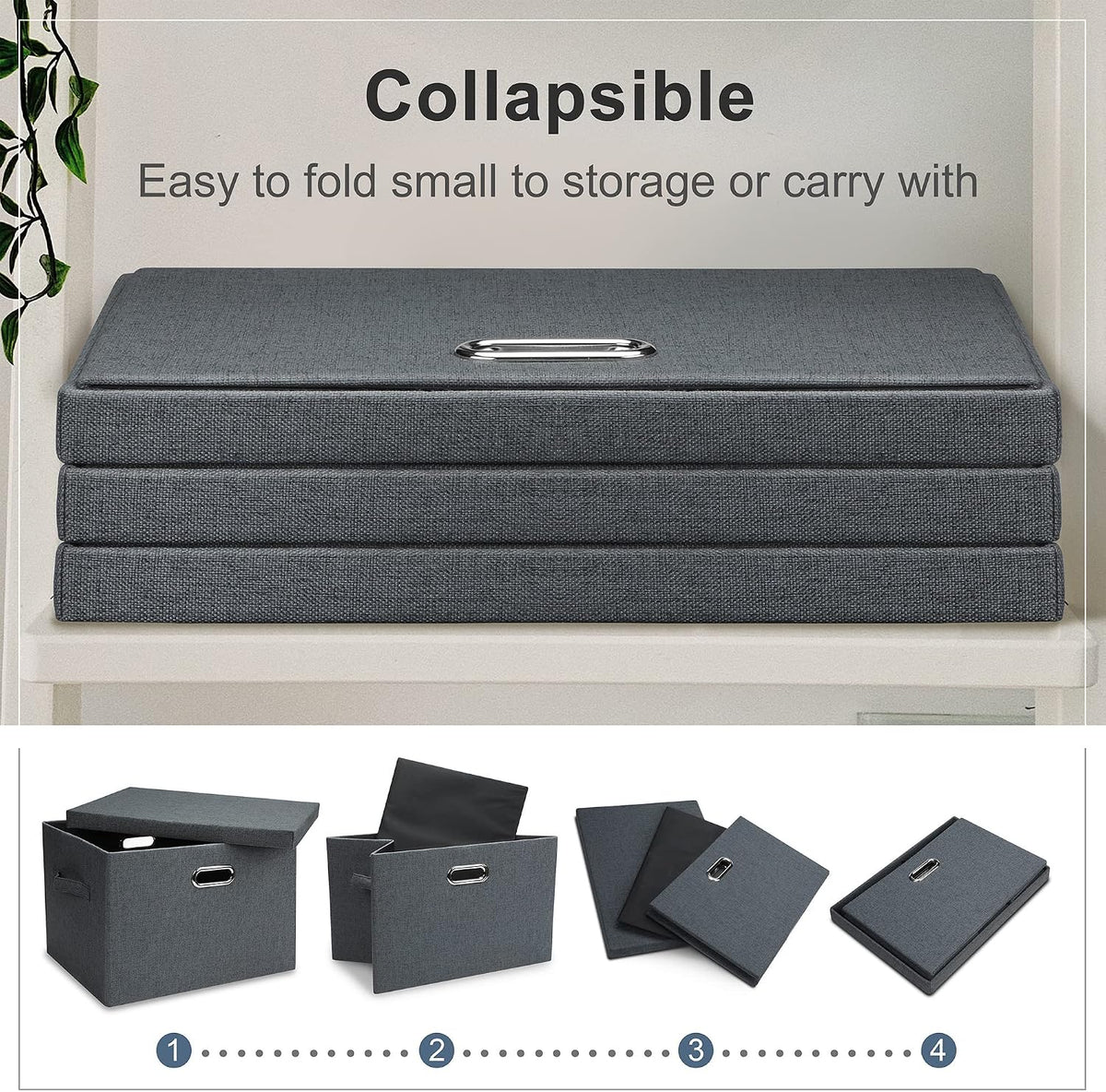 Graciadeco Large 17" 36 Quart Collapsible Stackable Storage Bins with Lids, 3 Packs Dark Gray Foldable Fabric Closet Storage Boxes with Lids, Heavy-duty Linen Cube Baskets(17x12x11)