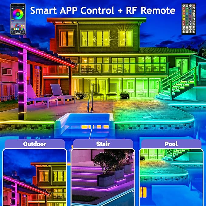 LETIANPAI 500ft Outdoor LED Strip Lights Waterproof 1 Roll,IP68 Outside Led Light Strips with App and Remote,Music Sync RGB Exterior Rope Self Adhesive Back for Deck,Balcony,Pool