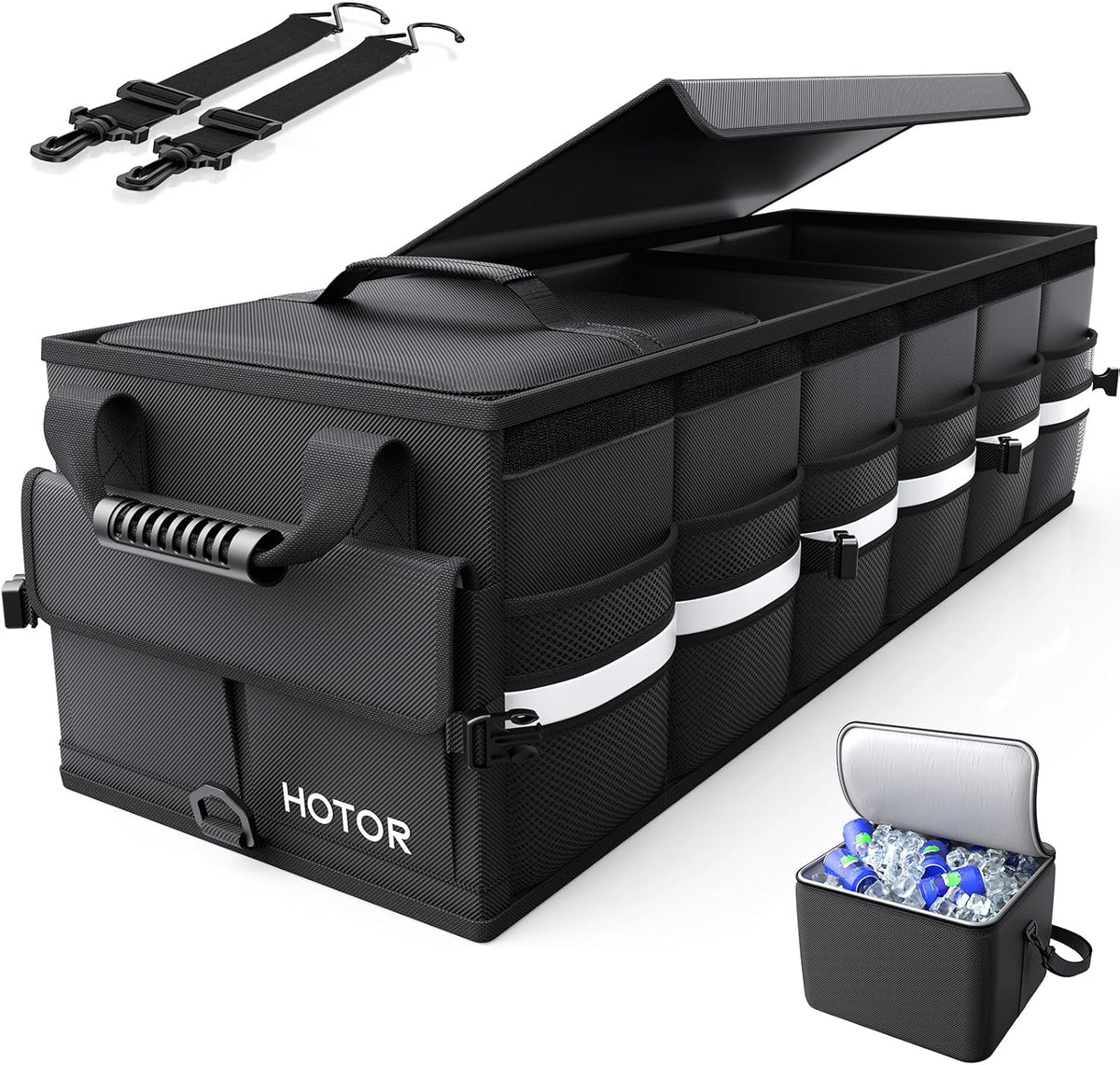 HOTOR Car Trunk Organizer - Trunk Organizer for SUV with Removable Cooler Bag, Foldable Cover, 3 Compartment Car Storage Essential Car Accessories for Truck, Van & Sedan, Blue, 33.1" x 12.6" x 11.0"