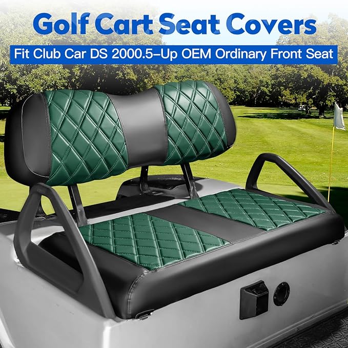 NOKINS 4PCS Golf Cart Diamond Seat Covers Kit, Front and Rear Seat Covers Fits Club Car DS 2000.5-Up Standard Seat Cushion, Club Car DS Vinyl Seat Covers Accessories (Dark Green and Black)