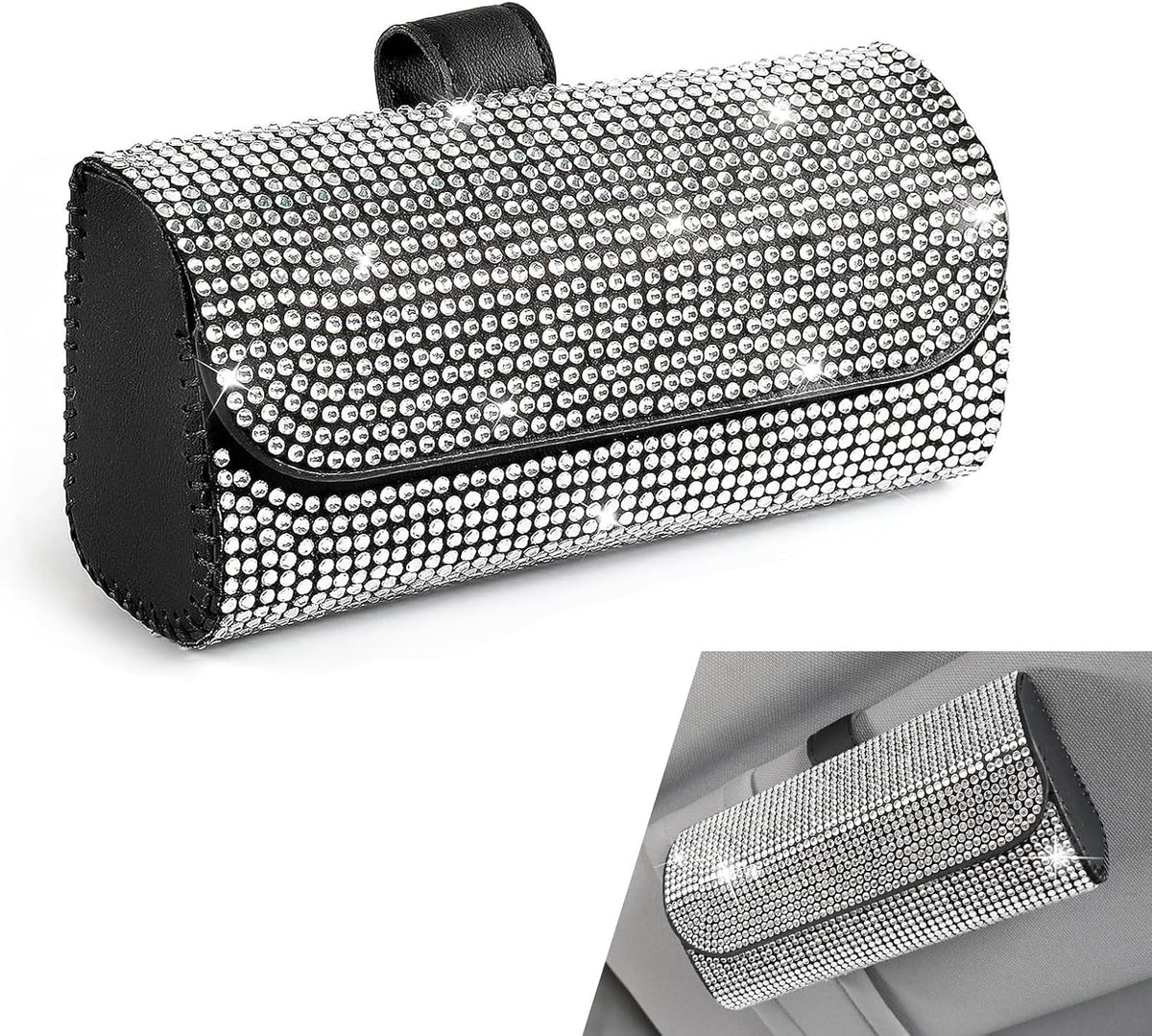 Bling Sunglasses Holder for Car Sun Visor, Rhinestone Auto Eyeglasses Mount Clip Organizer, Leather Sunvisor Sunglasses Storage Case, Universal Glasses Holder Clips for SUV, Sedan, Van (White)
