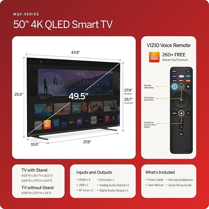 VIZIO 50" MQX Series Premium 4K 120Hz QLED HDR Smart TV with Dolby Vision 240Hz @ 1080p PC Gaming, WiFi 6E, M50QXM-K01, 2023 Model (Renewed)