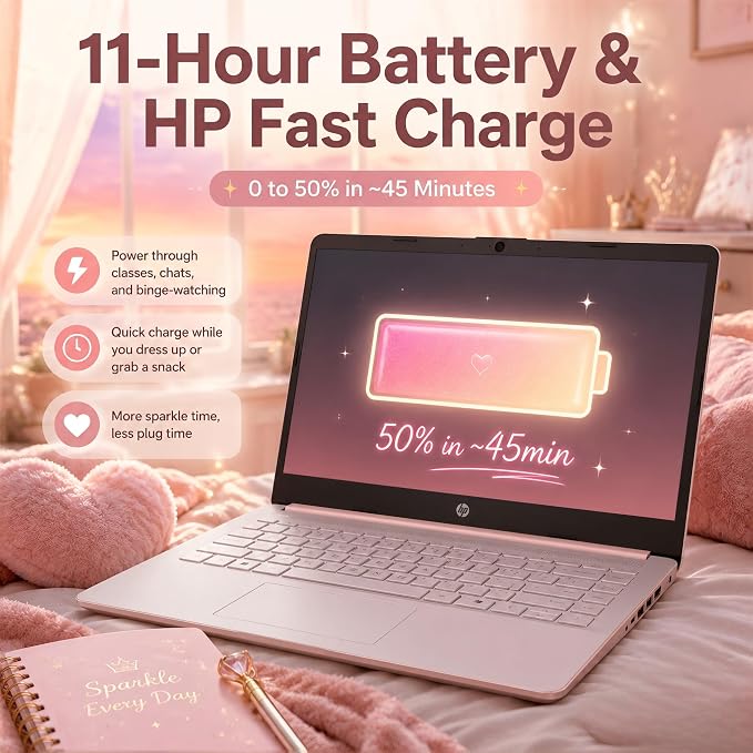 HP 14 Laptop for Students and Home Use, Intel Processor N150, 16GB RAM | 128GB UFS+256GB MSD, 14" HD Display, Wi-Fi 6, 1-Year Microsoft 365, Copilot AI Key, Lightweight, Pale Rose Gold, W/Mouse