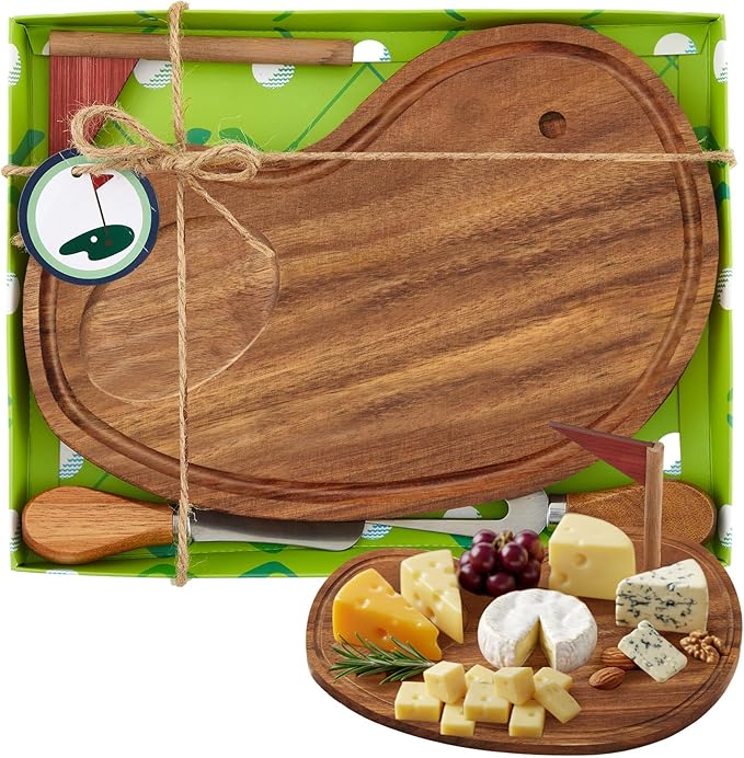 Golf Cheese Board Gift Set Party Favor Prizes Charcuterie Wood Board with Knives and Box Father Day Gift for Dad Grandpa Party Tournament Game(9.8" x 7.7", Acacia Color)