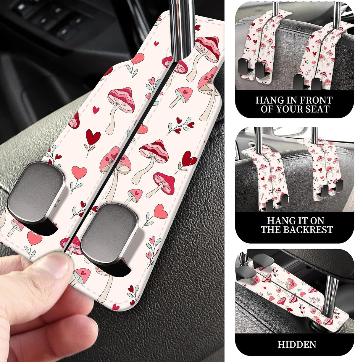 PU Leather Car Seat Hook, Storage Headrest Hanger, Cute Car Backseat Organizer, Car Hooks For Purses and Bags Cute Pink Mushroom