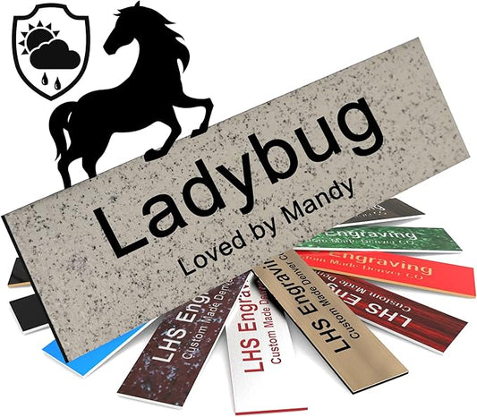 Personalized Horse Stall Name Plates, 2x8 Horse Stall Signs with Adhesive, All Weather UV Protected, Stone Granite Pattern Plastic Black Letters - Made in USA - S3