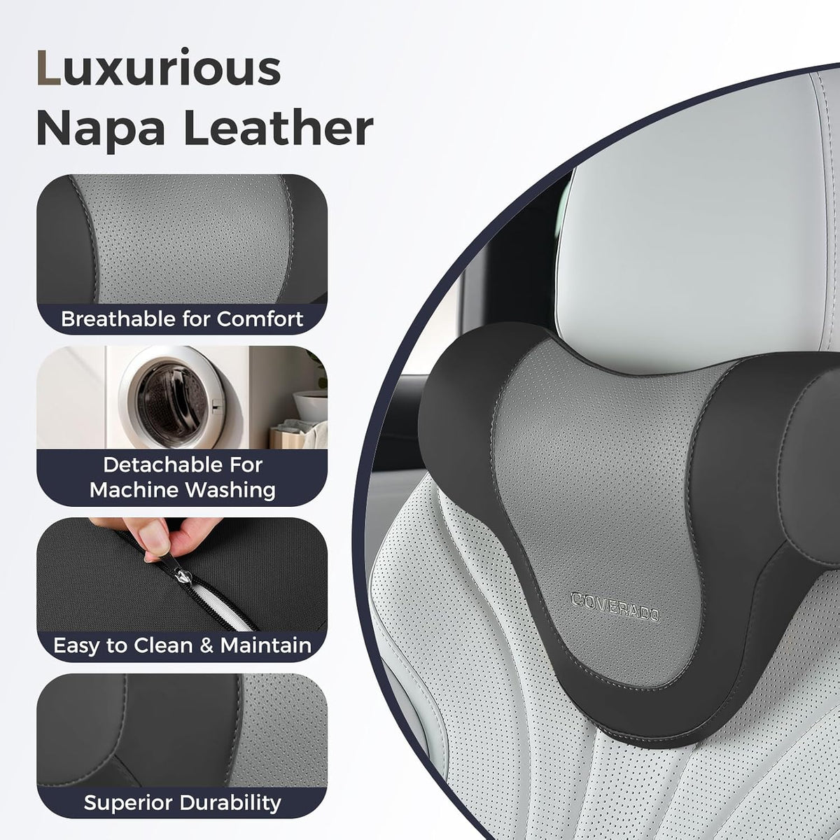 Coverado Car Headrest Pillow, Ergonomic Memory Foam Car Neck Pillow for Driving Seat with Adjustable Strap, Soft PU Leather Breathable Removable Cover Neck Support for Neck Pain Relief