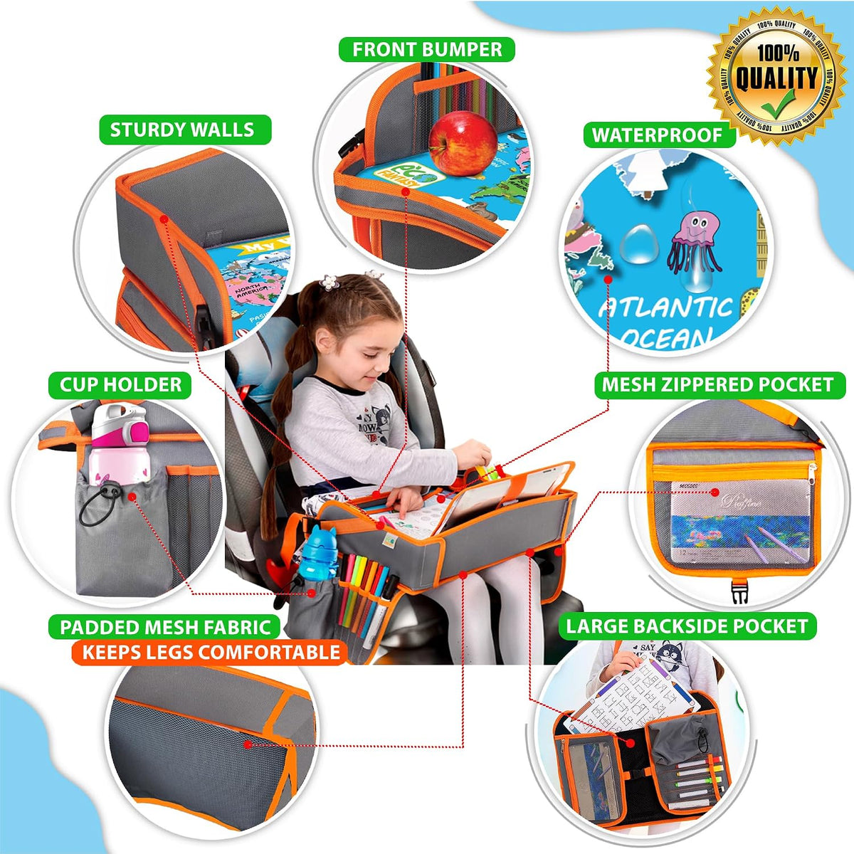 Kids Travel Tray - Waterproof Car Table with No-Drop Large Tablet Holder - Car Seat Tray - Road Trip Must Haves - Kids Lap Desk Organizer for Airplane - Toddler Travel Essentials (Orange)
