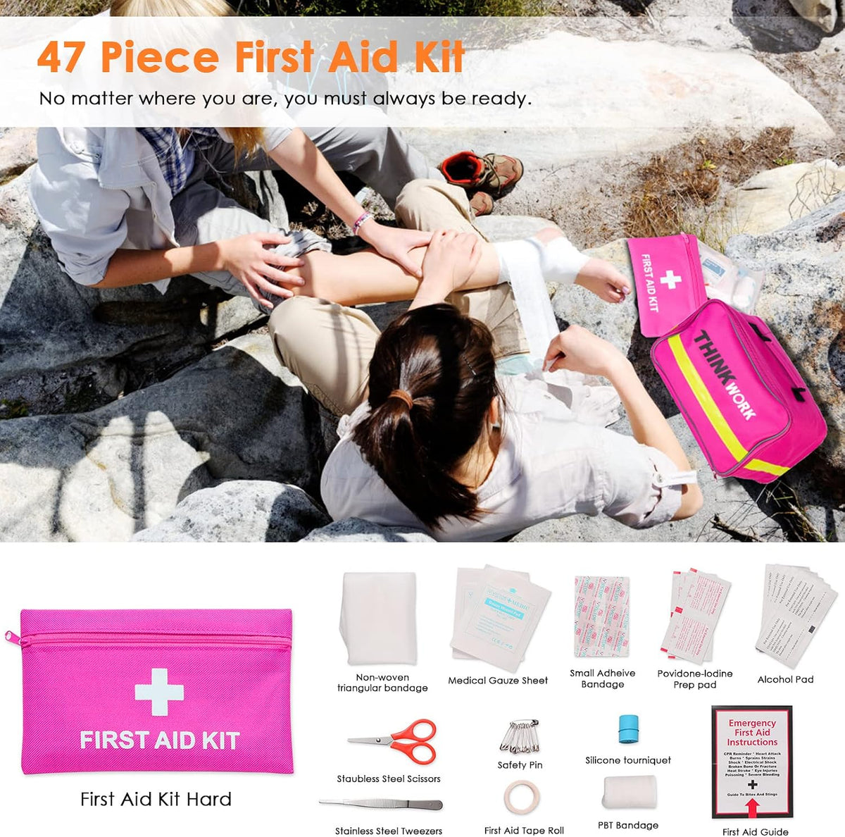 THINKWORK Car Emergency Kit for Teen Girl and Lady's Gifts, Pink Emergency Roadside Assistance kit with Pink Car Tool Set, 10FT Jumper, First Aid Kit, and More Ideal Pink Car Accessories Tool - E8
