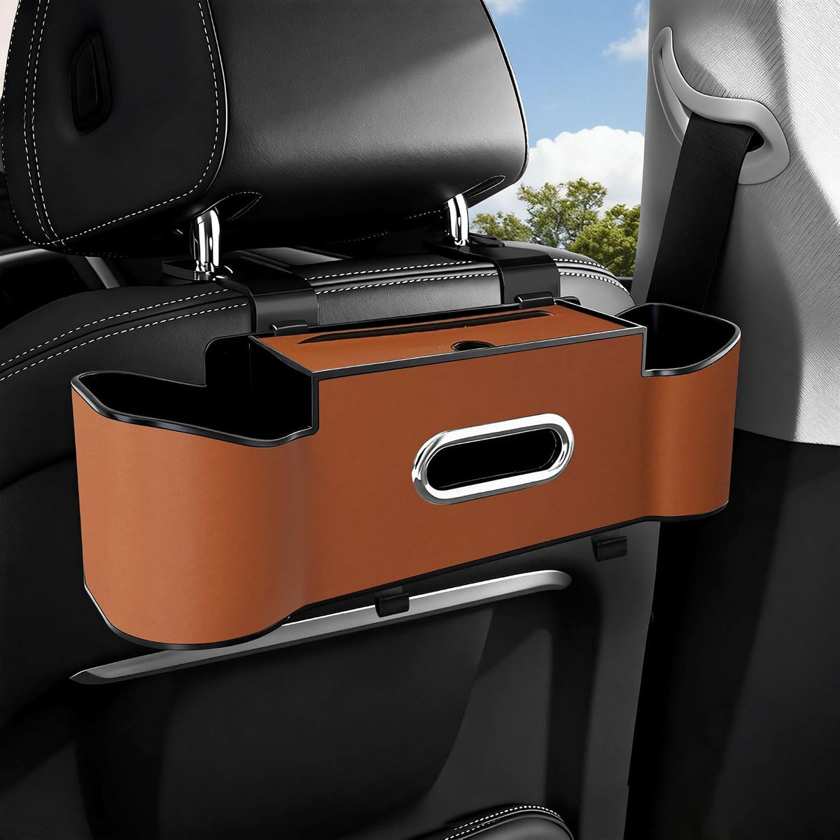 Car Backseat Organizer for Kids & Travelers - 4 in 1 Multifunctional Car Seat Back Storage with Cup Holder, Tissue Box, Snack/Handbag Holder - Nappa Leather Universal Fit for SUV/Van/Sedan (Black)