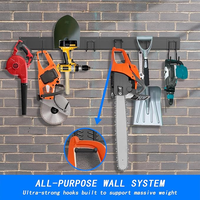 CBWLWJ Garage Tool Organizer Wall Mount, 64 inch Garage Wall Organizer, 680lbs Sturdy Garden Tool Organizer with 11 Adjustable Hooks, for Yard, Shed, Basement, Workshop(Black)