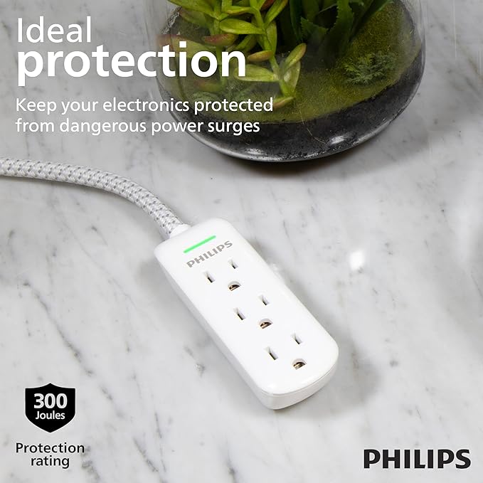 Philips 3-Outlet Grounded Extension Cord, 8 Ft Indoor Extension Cord with Surge Protection, Flat Plug Surge Protection Power Strip, 300 Joules, UL Listed, White, SPP3433BB/37