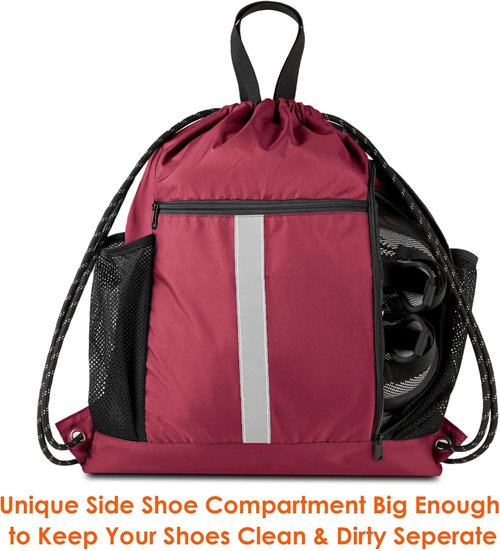 BeeGreen Gym Sack - Heavy Duty Drawstring Bag with Shoe Compartment & Two Water Bottle Holders | Unisex